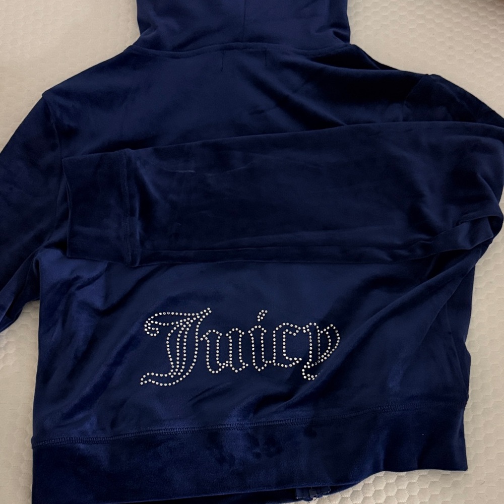 Juicy Couture Dark Blue Velour Hoodie with Rhinestone Detail
